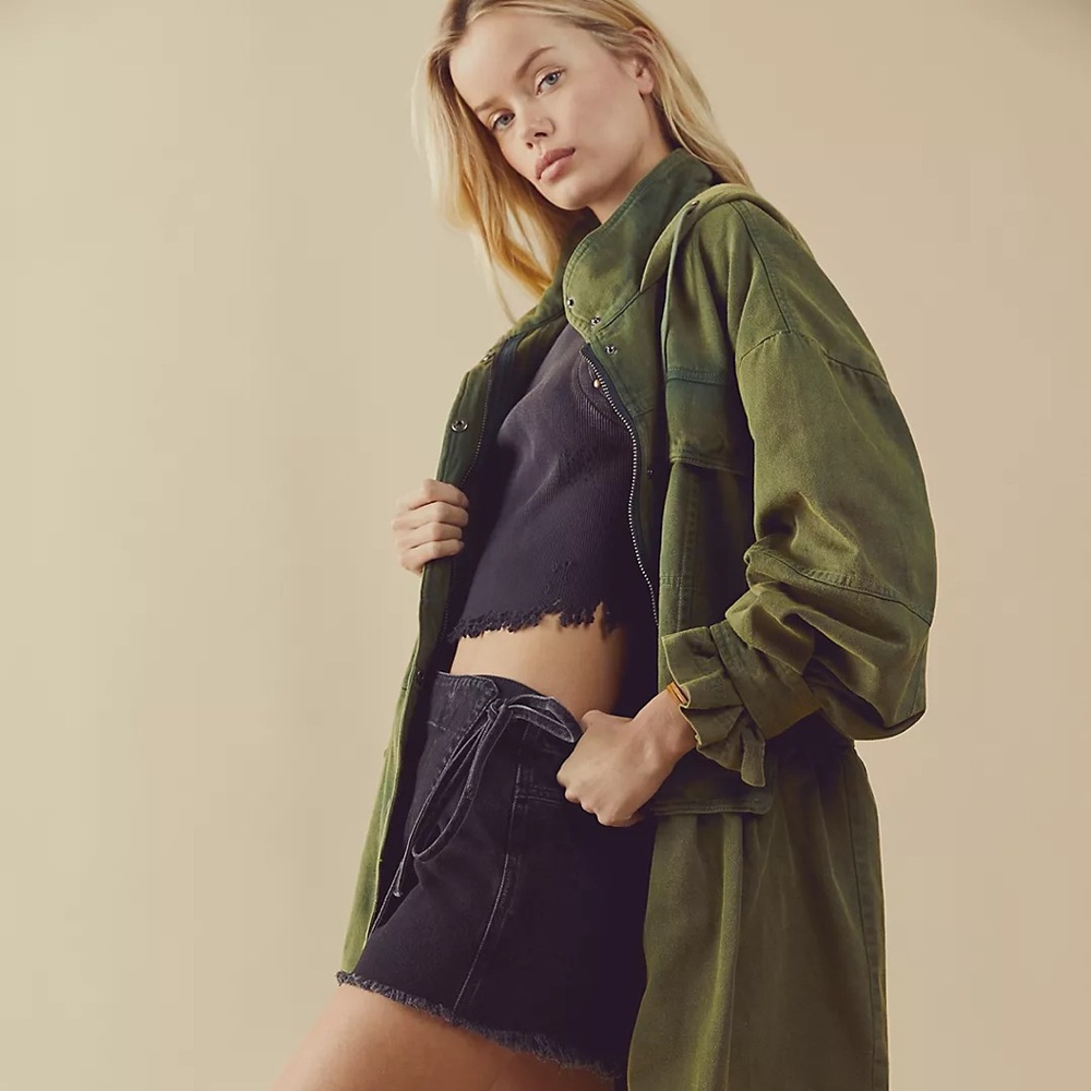 NEW Sz L We The Free People Nocturne Parka Coat Army Green Hood Peplum Distress